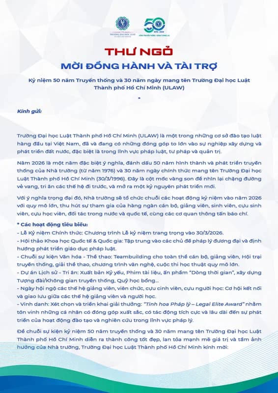 Thư ngỏ mời đồng hành và tài trợ: Kỷ niệm 50 năm Truyền thống và 30 năm ngày mang tên Trường Đại học Luật Thành phố Hồ Chí Minh (ULAW)